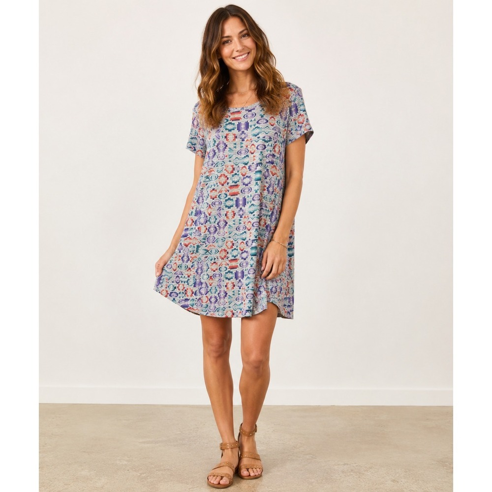 LulaRoe Dress Womens Small Gray Aztec Print Cotton Polyester High Low Pocket